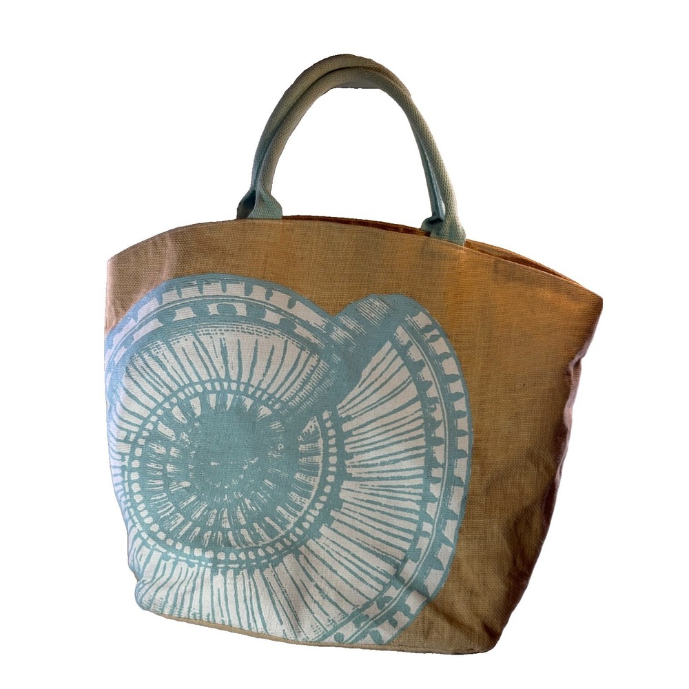2 Chic Jute Tote Bag Beach Pool Shopper Teal Blue Seashell Graphic 100% Jute